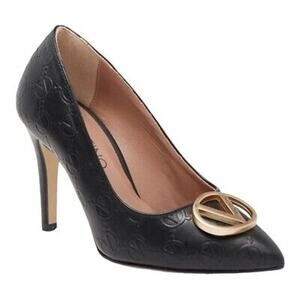 Valentino By Mario Valentino Clara Logo Black Leather Pump Size 10 EUC Pointed